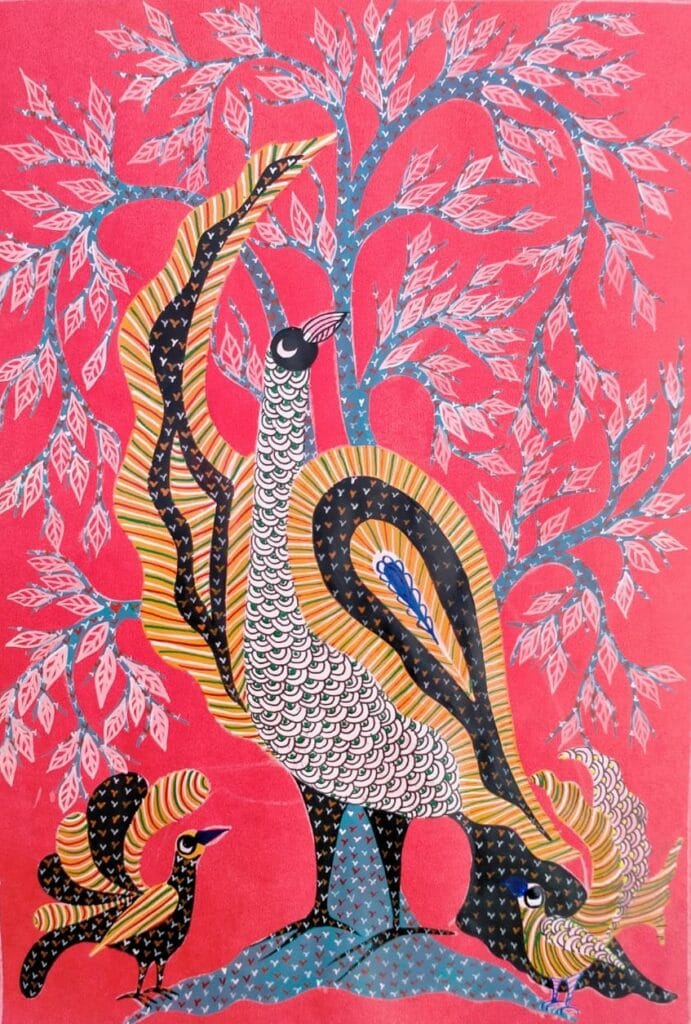 Mother Peacock, night life, Gond Painting A3 (30CM X 42CM