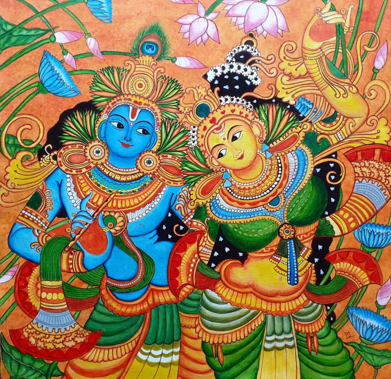 Radha Krishna #1 - Kerala Mural (32 x 36 cms) - International Indian Folk  Art GalleryAn exquisite selection of traditional and famous paintings from  India for Hindu Puja room, living room, bedroom,