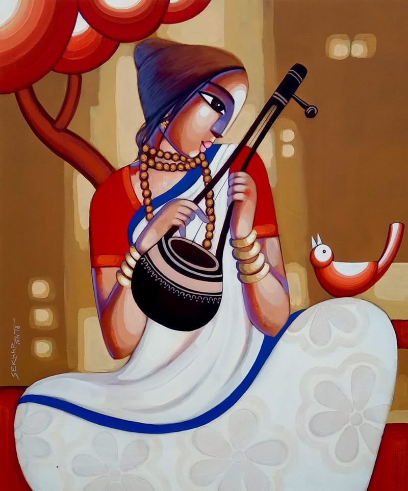 Baul, Bengali Tune #6, (30 x 36 inches) - Indian Folk Theme (Acrylic on  Canvas) - International Indian Folk Art Gallery