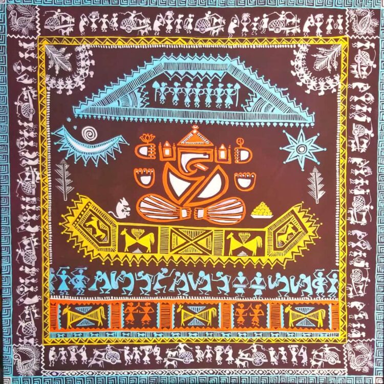 Sree Ganesh Pooja - Warli art (24" x 24") - International Indian Folk