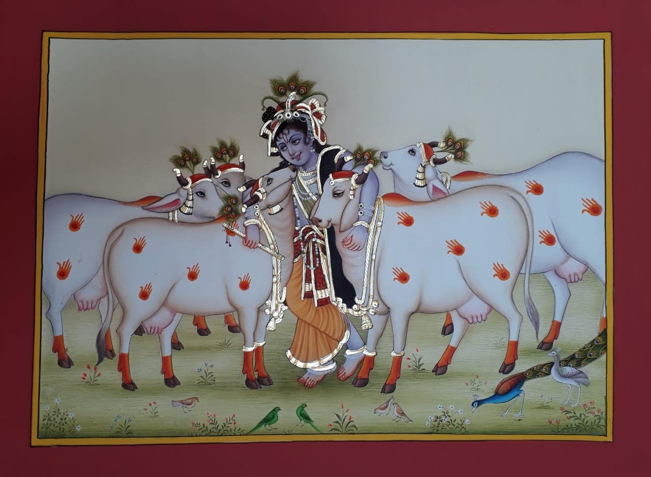 Lord Krishna and his cows - Rajasthani Miniature painting (16
