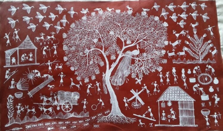 Tree Of Life Warli Painting 18 X 12 International Indian Folk   Warli Painting Chitya Laxman 06 1 750x441 