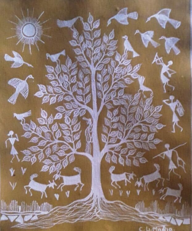 Tree Of Life Warli Painting 8 X 12 International Indian Folk   Warli Painting Chitya Laxman 08 622x750 