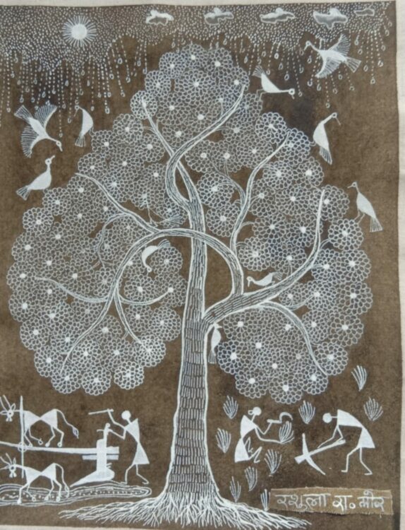 Tree Of Life 2 Warli Painting 15 X 19 International Indian   Warli Painting Rasula Mor 02 574x750 