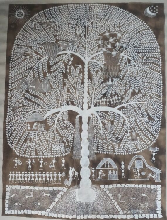 The Tree Of Life Warli Painting 32 X 48 International Indian   Warli Painting Sandesh Rajad 04 570x750 