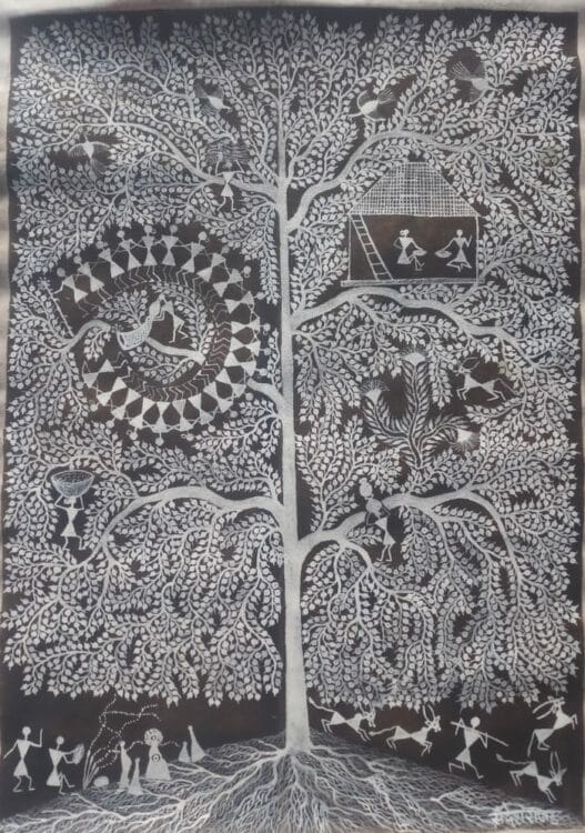 The Tree Of Life 2 Warli Painting 32 X 48 International Indian   Warli Painting Sandesh Rajad 05 527x750 