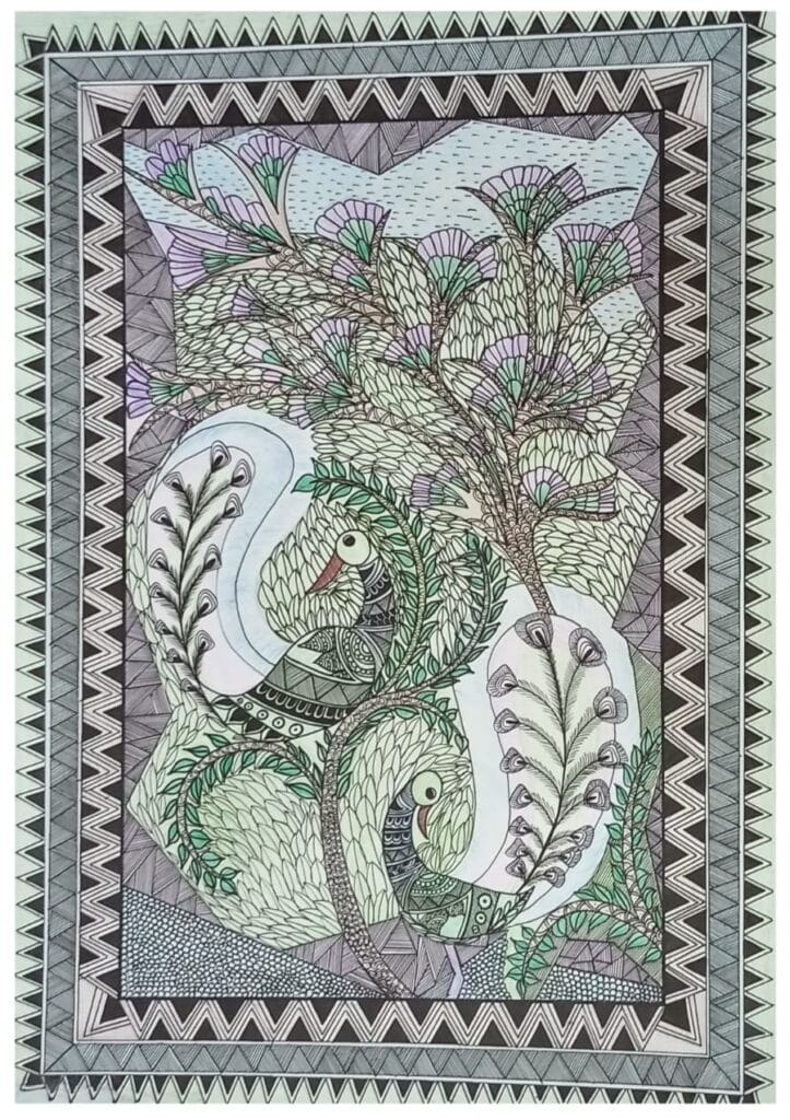 Peacock Madhubani Painting Size A4 International Indian Folk Art   Madhuabani Painting Komal 01 723x1024 