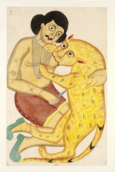 Kalighat Painting, Shyamakanta wrestling with tiger. Source: Wikimedia
