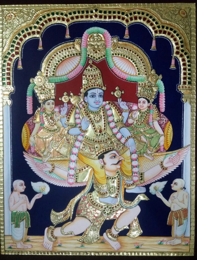 Lord Vishnu on Garuda, Tanjore Painting - Senthil Art Gallery - International Indian Folk Art Gallery
