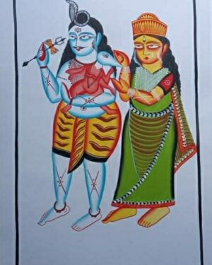 Shiva Parvathi with Ganesha -Kalighat painting - Jahuran Chitrakar - 14