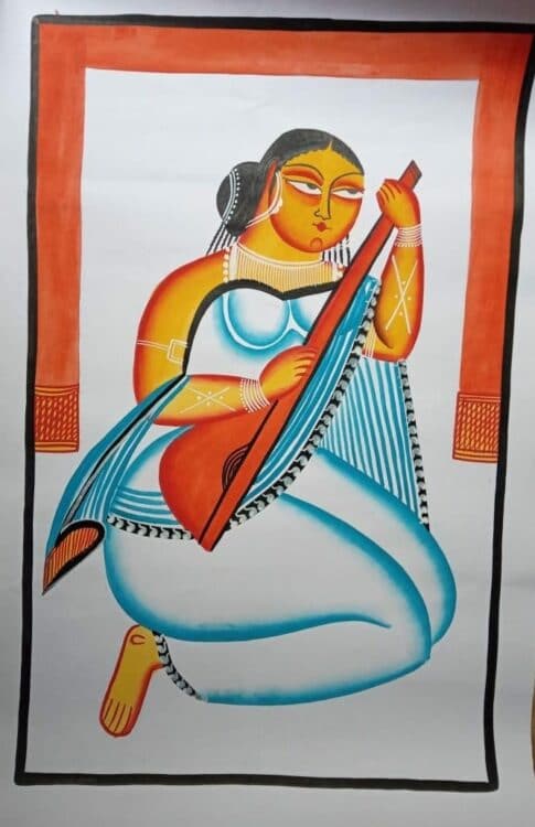 Maa playing Sitar - Kalighat painting (14