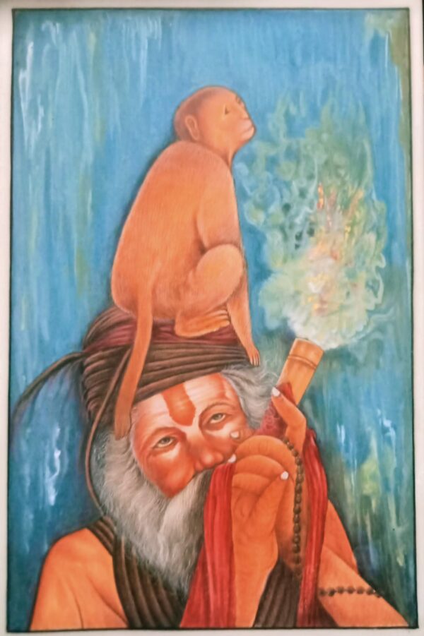 Monk with a Monkey -Rajasthani Miniature - Mukesh Kumar - 13