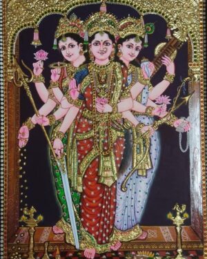 Mupperum Devi, Three Devi’s, Tanjore Painting, 22K Gold