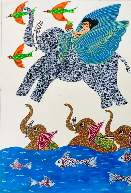 Gond Art Flying Elephant