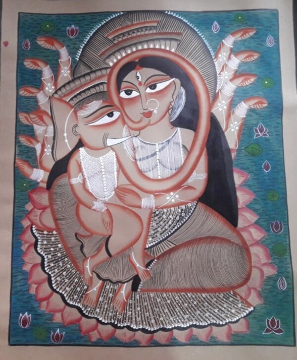 Maa Parvati and Shree Ganesh - Kalighat painting - Samir Chitrakar - 01