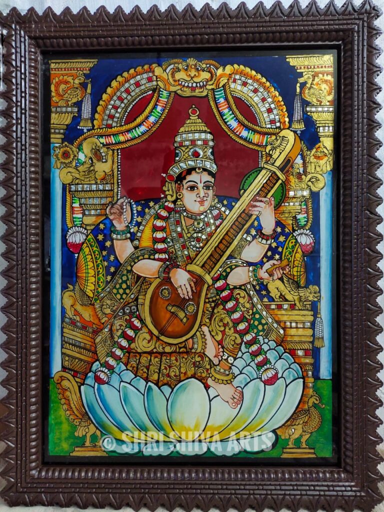 Goddess Saraswati, Reverse Glass Tanjore Painting, Shri Shiva Art Gallery