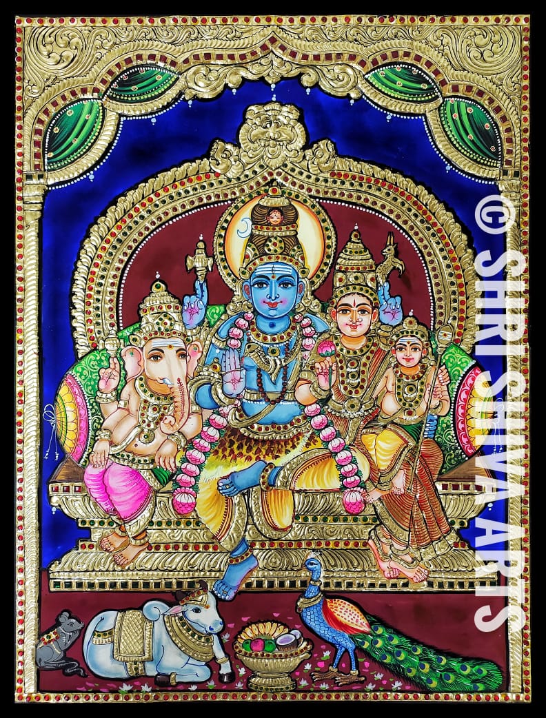 Shiva family Tanjore Painting, 22K Gold 24