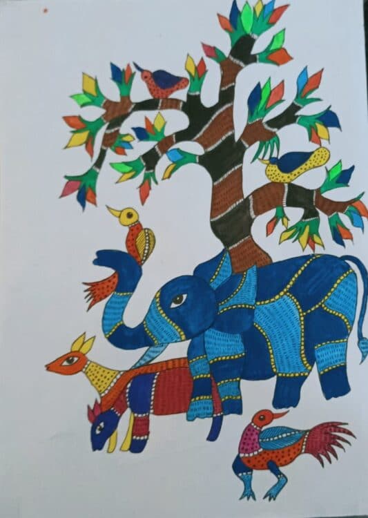 Tree Of Life Gond Painting 21 X 30 Cms International Indian Folk   Gond Painting Ashish 01 533x750 