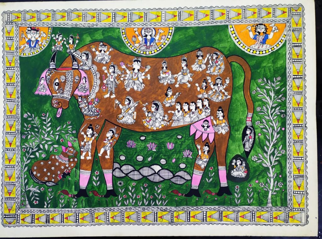 Kamadhenu Madhubani Painting 30 X 22 International Indian Folk   Madhubani Painting Avdhesh Kumar 10 1024x760 