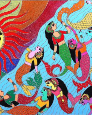 Mermaid with Sun - Madhubani painting - Renu Singh - 05