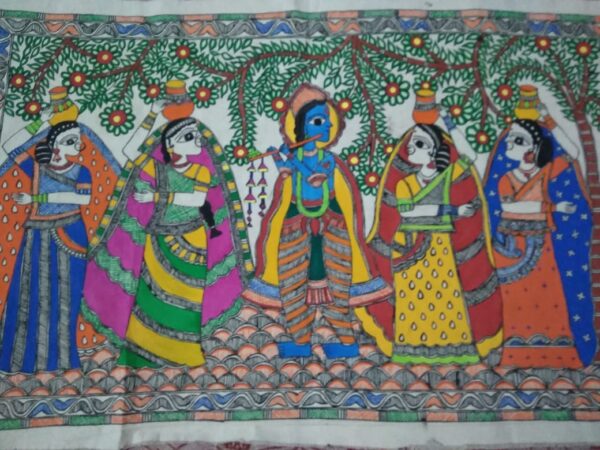 Krishna with Gopis - Madhubani painting - Kajal - 01