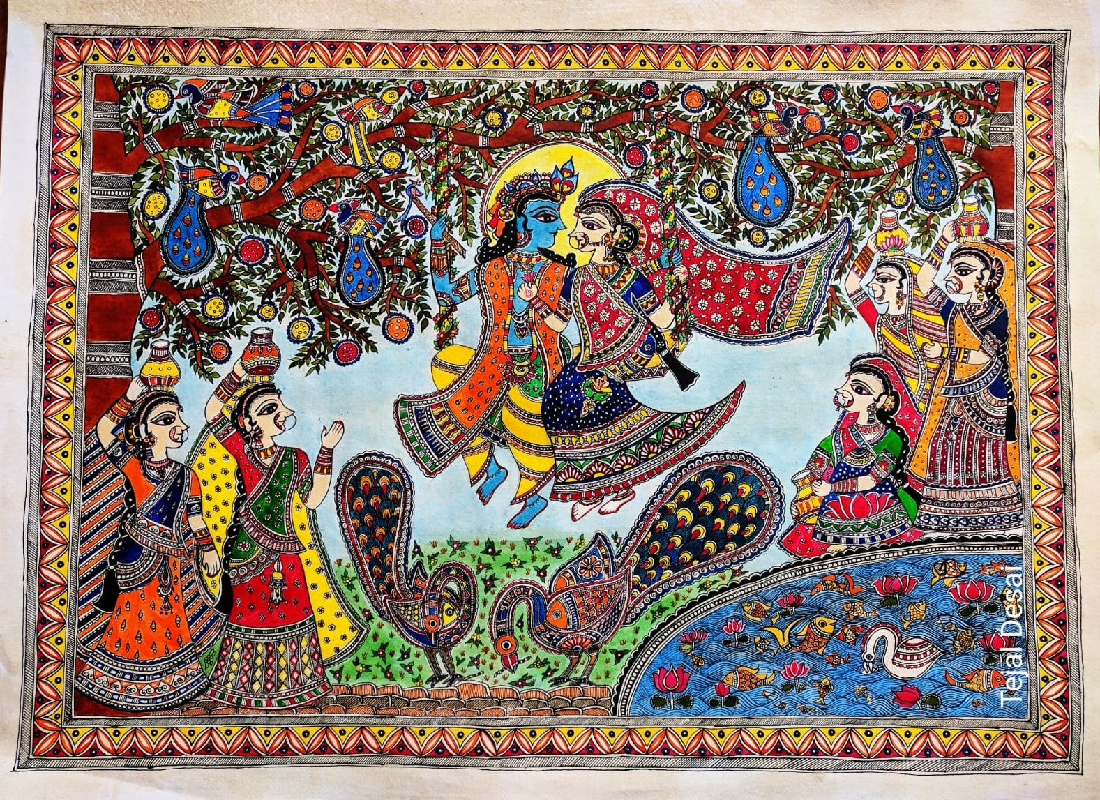 Radha Krishna Divine Love - Madhubani painting (30
