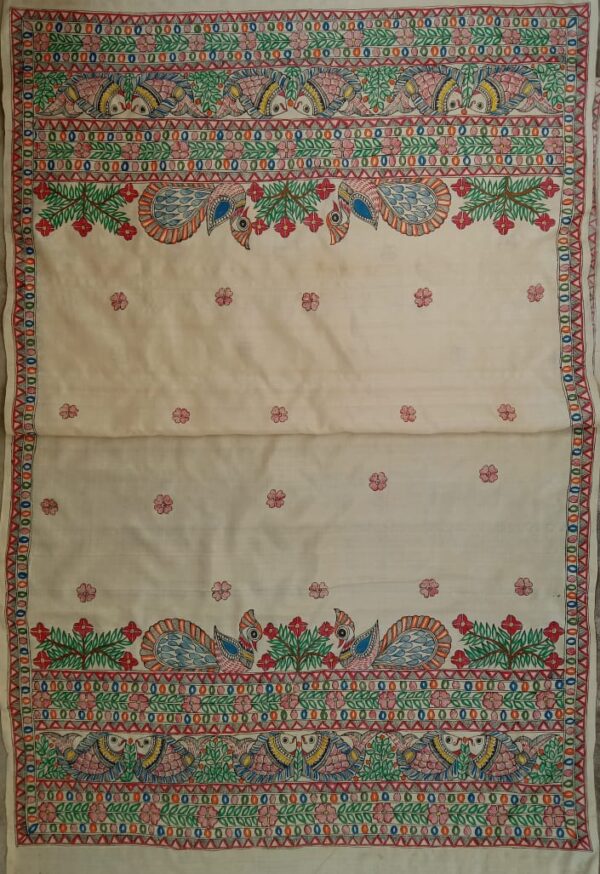 Handpainted Tussar Silk Dupatta - Madhubani painting - Soni Jha - 02