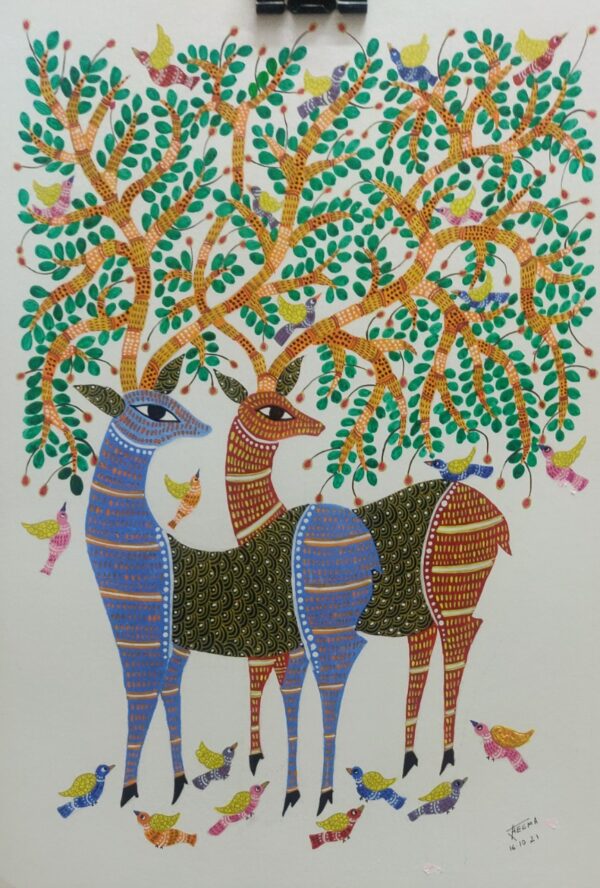 Deer Duo - Gond painting - 04