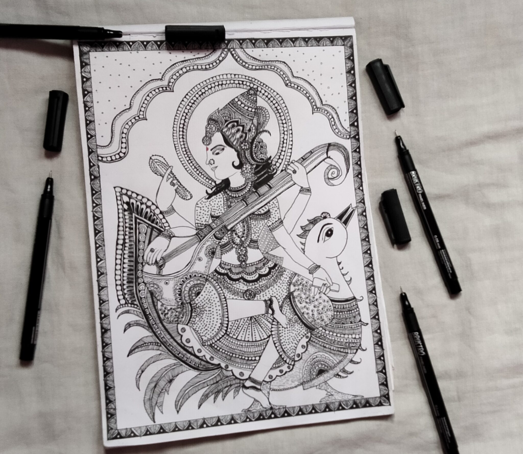 Hindu Goddess Saraswati Vector Hand Drawn Stock Illustration - Download  Image Now - Saraswati, Goddess, Vector - iStock