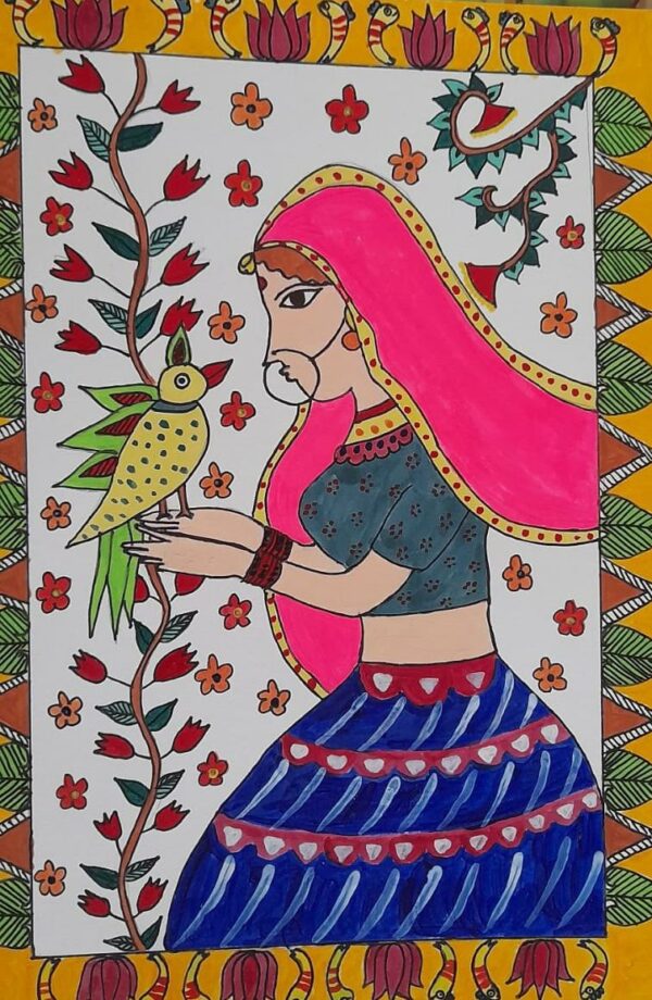 Lady with a Bird - Indian Art - Kiruthika - 13