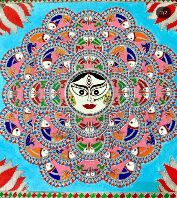 Devi with class of fishes - Madhubani painting - Jaya Tiwari - 01