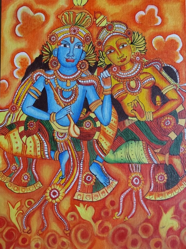 Radha Krishna Kerala Mural Painting 18 X 24 International   Kerala Mural Madhavi 01 765x1024 