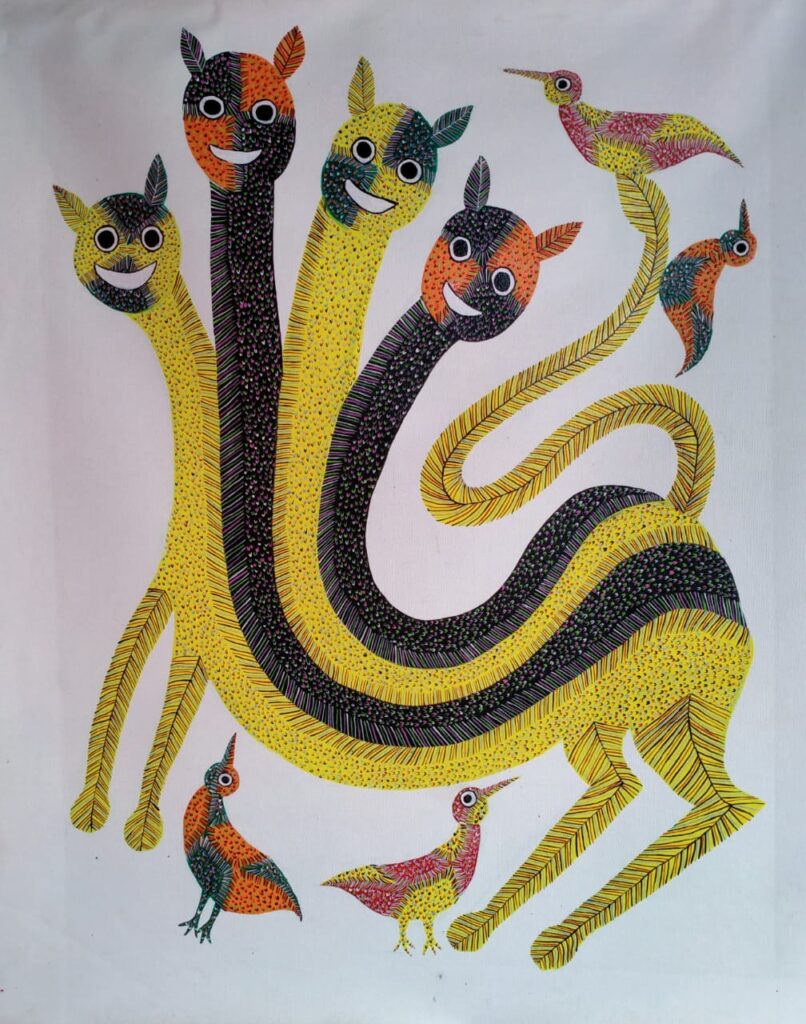 Indian Art Gond Painting Four Head Cat From Payan