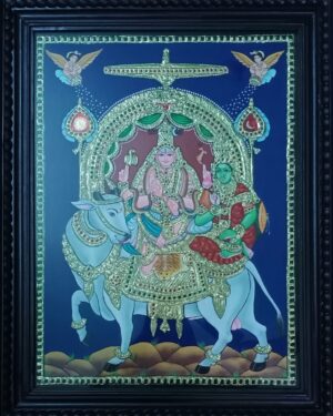 Rishiba Vahanam - Lord Shiva and Parvathi on Nandi Tanjore Painting 18 x 24 with Frame