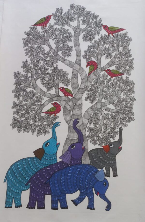 Elephants and Birds - Gond Painting - Aman Tekam - 03