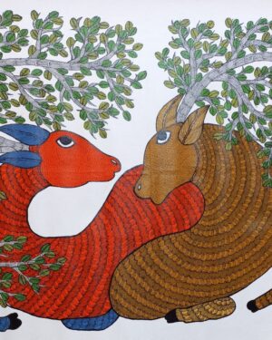 Two Cows - Gond Painting - Aman Tekam - 05