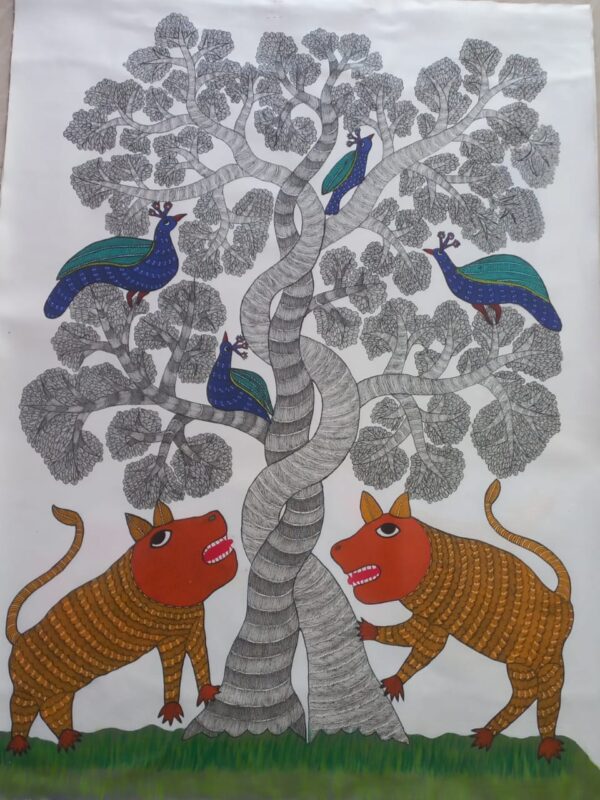 Tigers and Peacocks - Gond Painting - Aman Tekam - 09