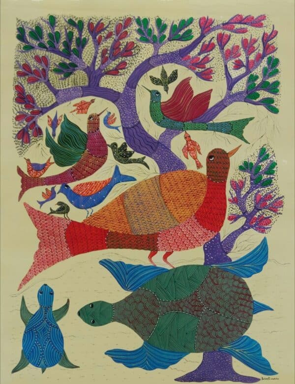 Birds and Turtle - Gond Painting - Basanti Maravi - 08