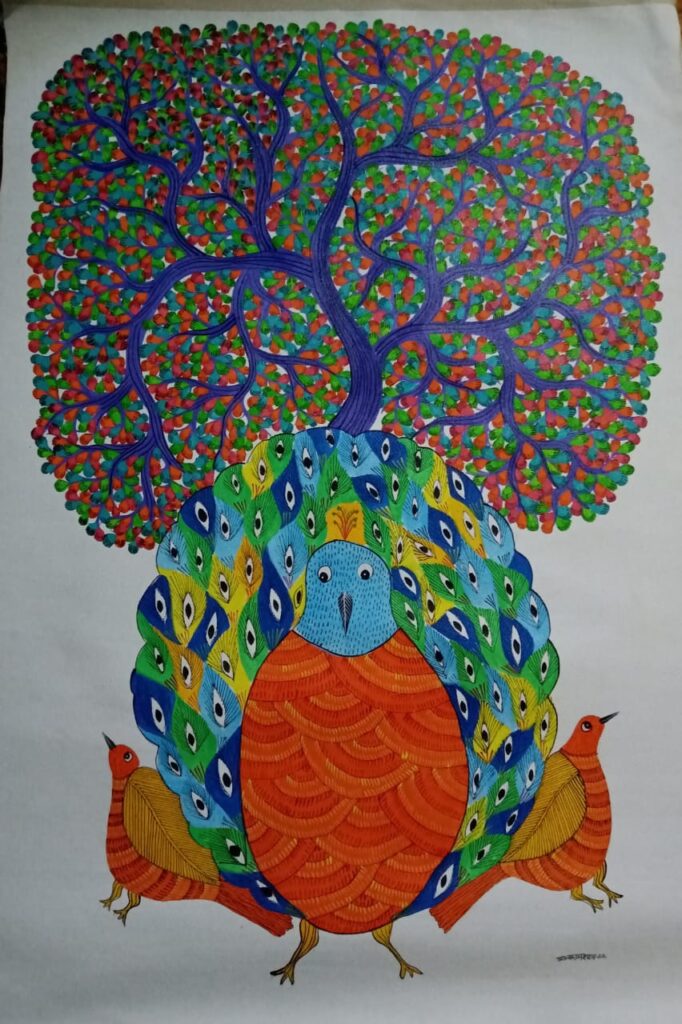 Peacock And Tree Gond Painting 24 X 36 International Indian   Gond Painting Manisha 04 682x1024 