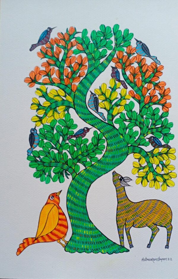 Tree, Bird and Tree - Gond Painting - Manisha - 09