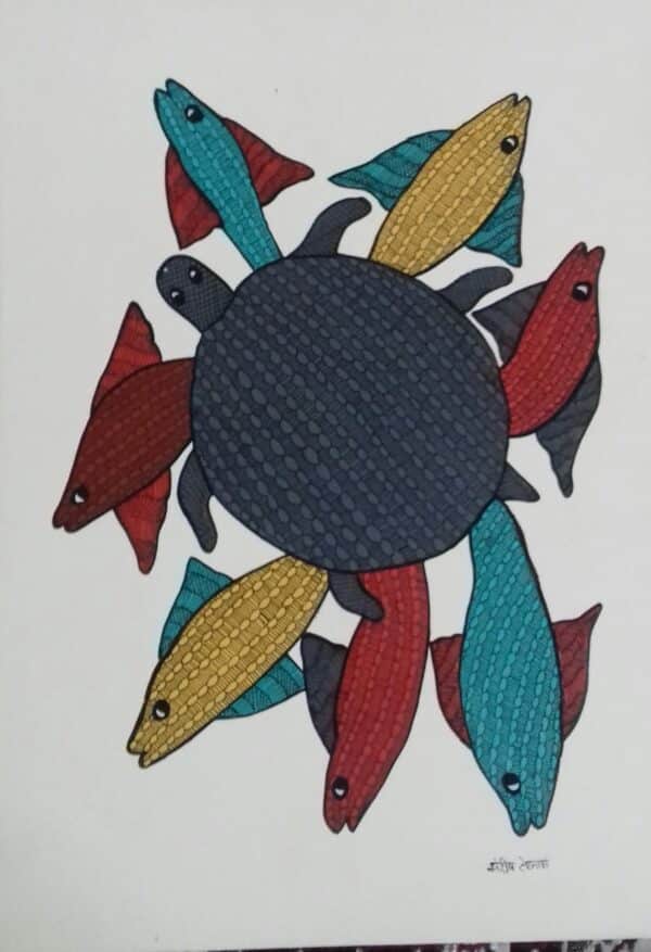 Fishes and Turtle - Gond Painting - Sandeep Kumar - 07