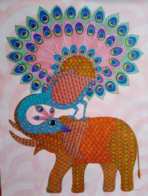 Peacock and Elephant - Gond Painting - Raju - 02