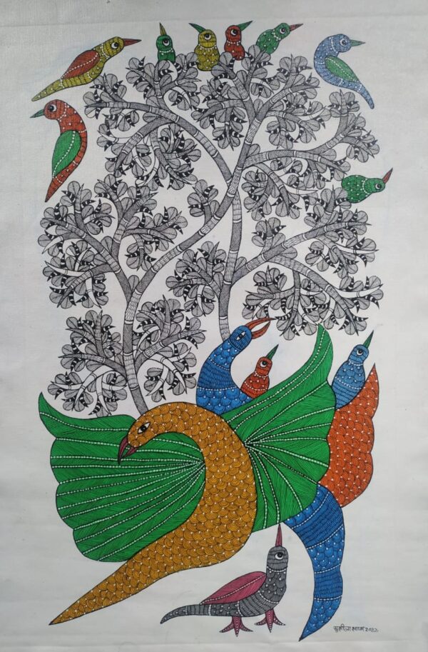 Dancing Birds - Gond Painting - Shailendra - 04