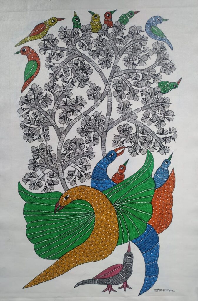 Dancing Birds - Gond Painting (2ft x 3ft) - International Indian Folk ...