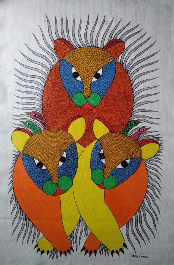 Three Lions - Gond Painting - Shailendra - 07