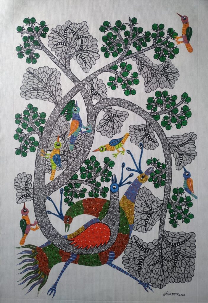 Peacocks #2 - Gond Painting (2ft x 3ft) - International Indian Folk Art ...