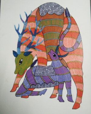 Cow and Deer - Gond Painting - Sukhiram - 01