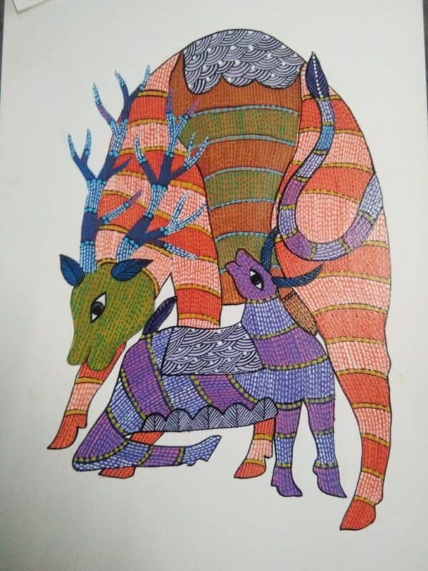 Cow and Deer - Gond Painting - Sukhiram - 01