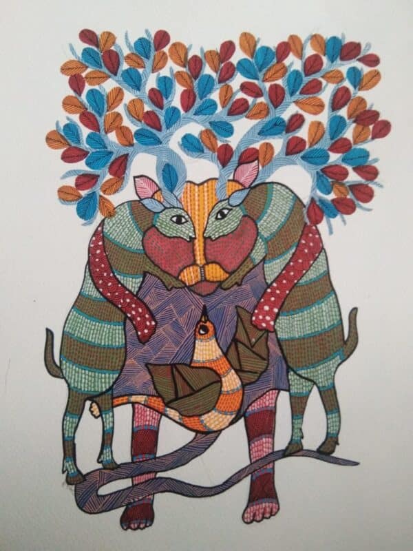 Lion, deer and tree - Gond Painting - Sukhiram - 02