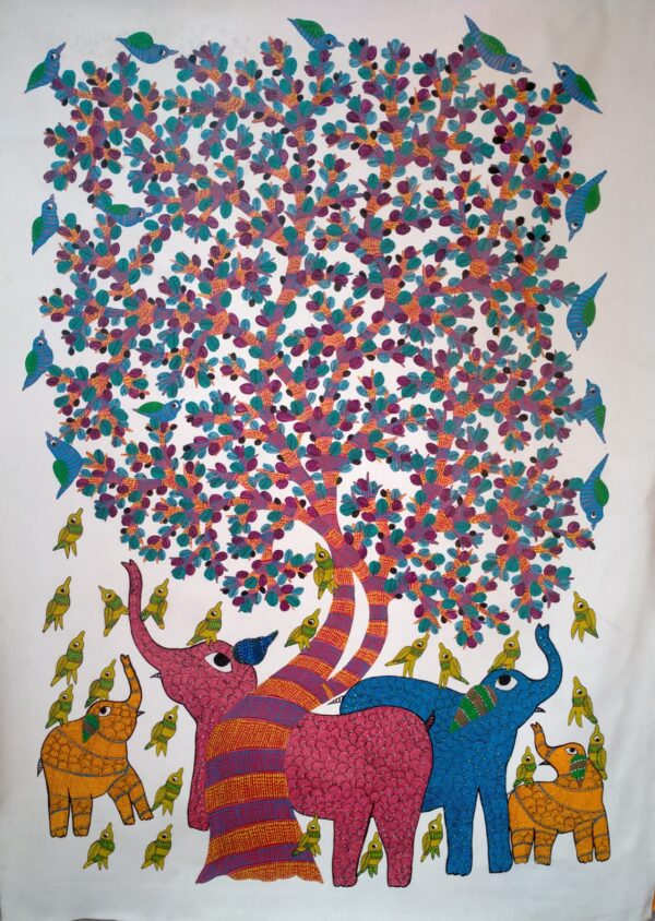 Elephants under a Tree - Gond Painting - Sukhiram - 03